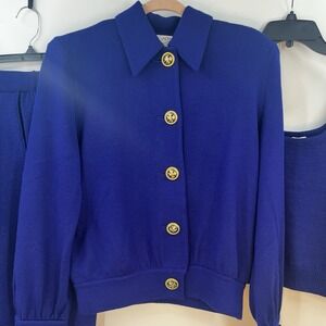 St John By Marie Gray 3pc Pant Suit Royal Blue Knit Floral Cross Medium 10